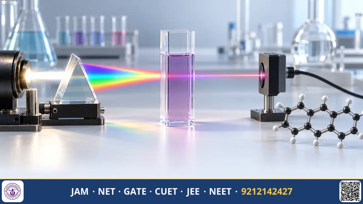 A spectrophotometer instrument with light passing through a glass cuvette