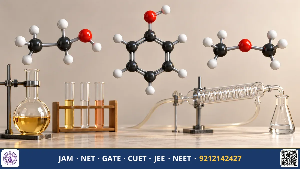Glass flasks showing alcohol and ether reactions alongside a structural drawing of a phenol molecule