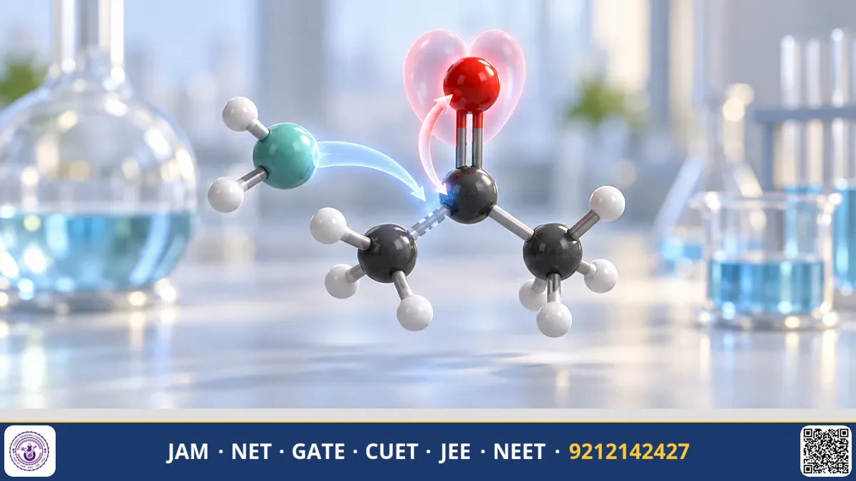 Curved electron pushing arrow attacking carbonyl carbon atom in acetone molecule diagram