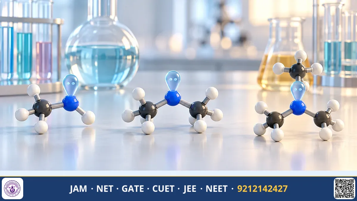 Chemical structural formulas of primary, secondary, and tertiary amines with a nitrogen atom model