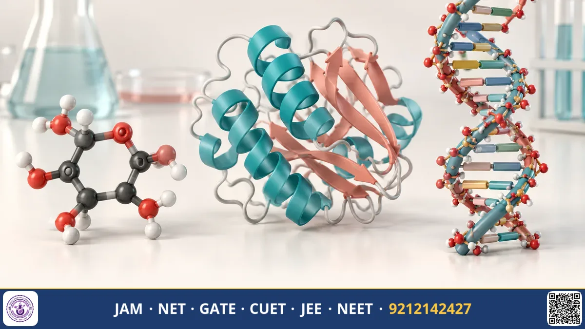 Diagram showing a double helix DNA strand, glucose ring, and alpha helix protein chain