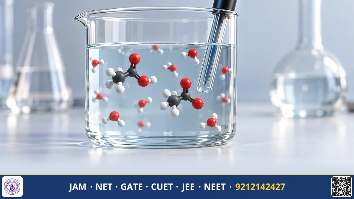 Glass beaker containing buffer solution beside molecular diagram of weak acid and conjugate base