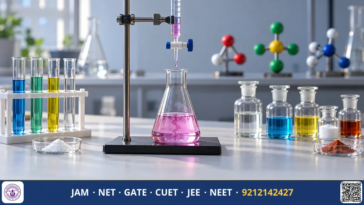A laboratory burette titration setup next to test tubes in a rack with colourful precipitate residues