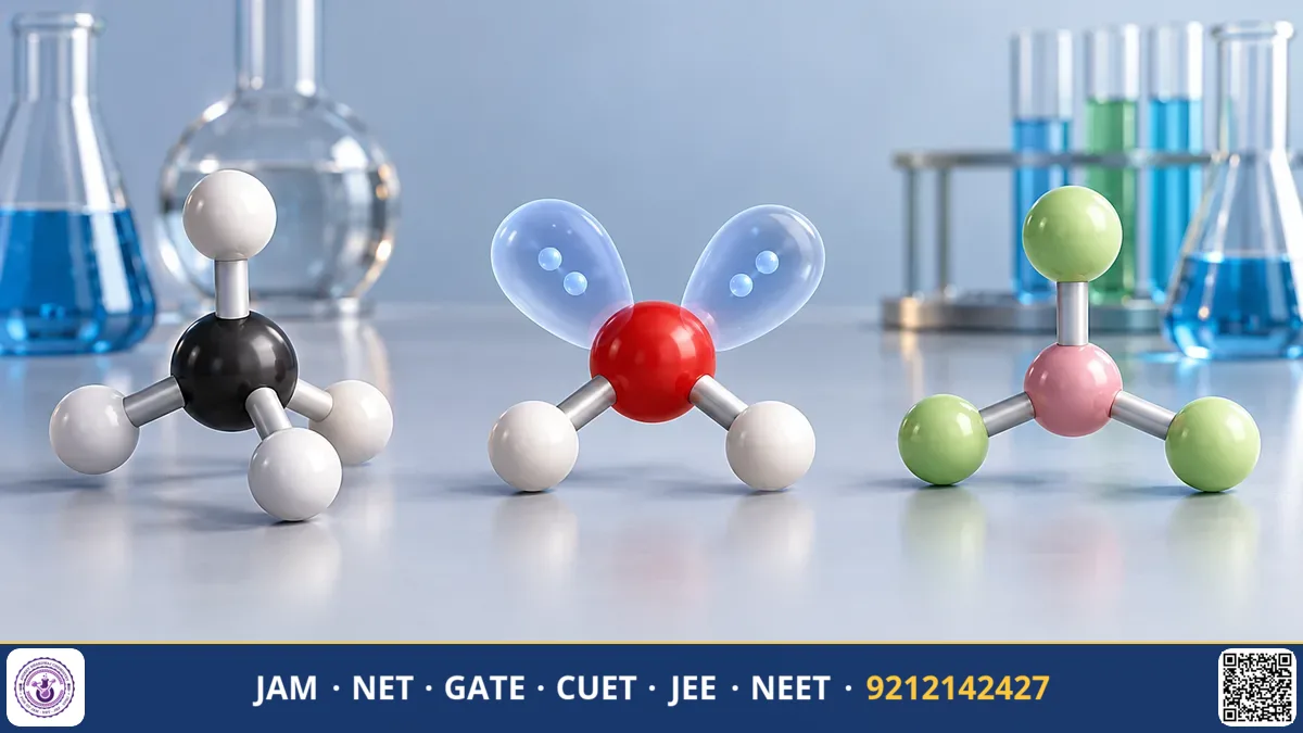 Ball and stick molecular geometry models showing linear, trigonal planar, and tetrahedral shapes