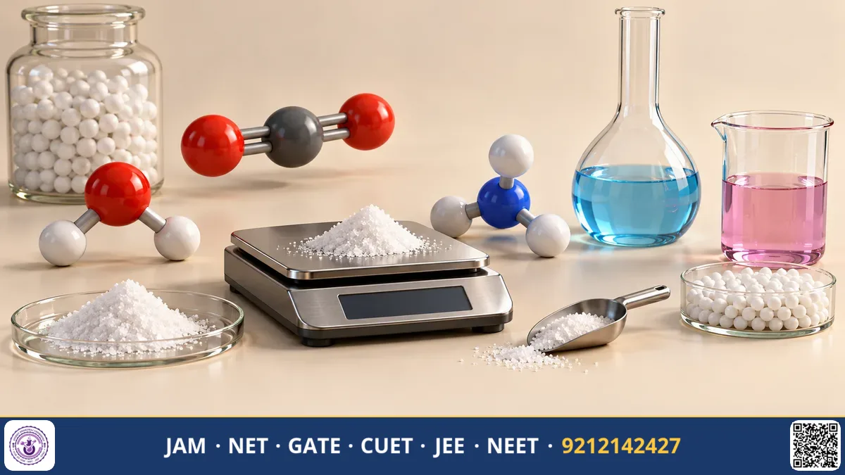 Laboratory balance weighing chemical powder in a watch glass next to mole calculation formulas