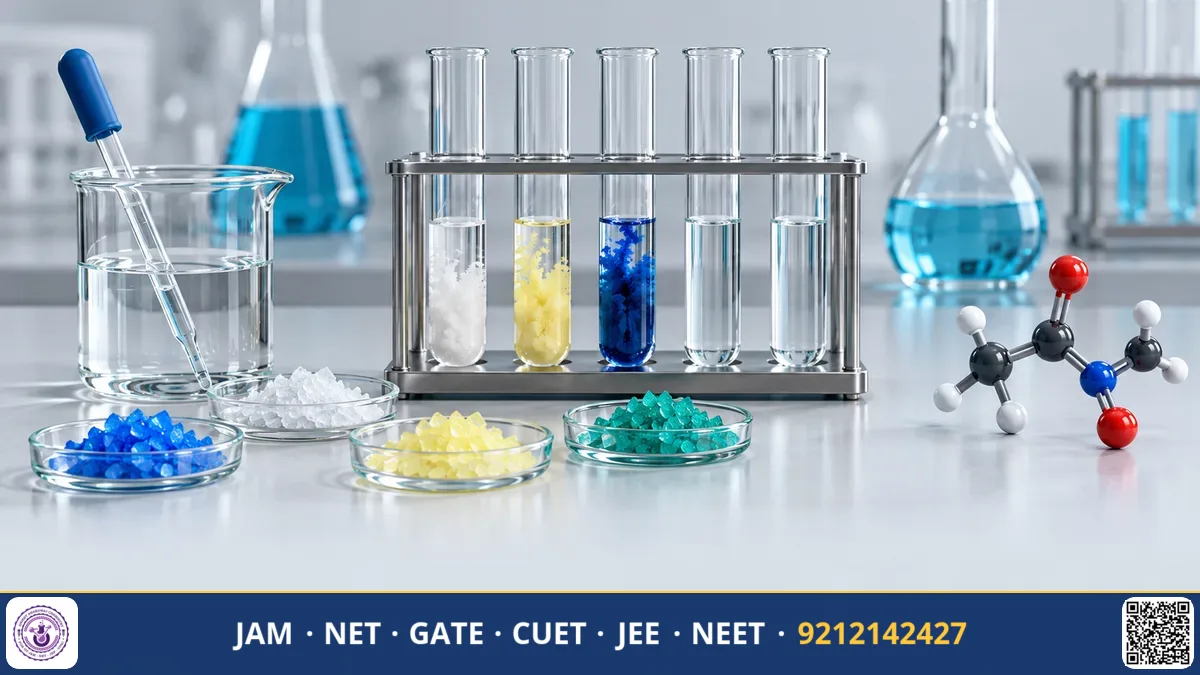 Test tube rack with colorful precipitate reactions, platinum wire loop, and a blue Bunsen burner flame