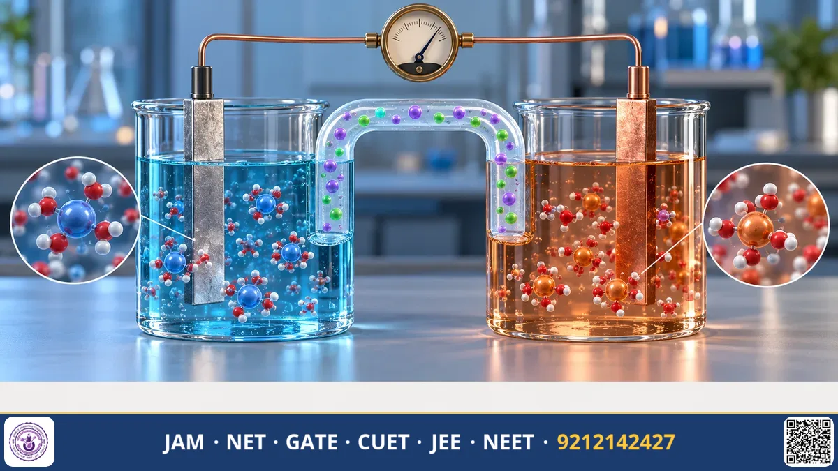 Galvanic electrochemical cell with copper and zinc electrodes, salt bridge, and a digital voltmeter