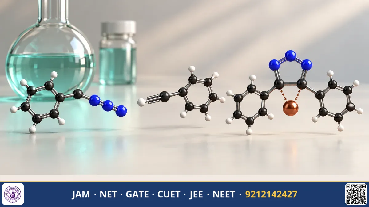 Reaction scheme showing terminal alkyne and organic azide forming a triazole ring via copper catalyst