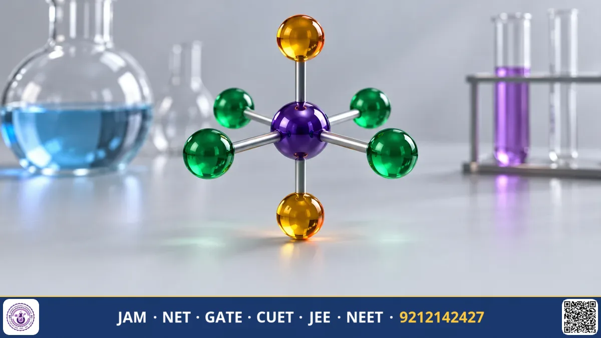An octahedral coordination complex diagram with splitting d-orbitals and colourful crystal models