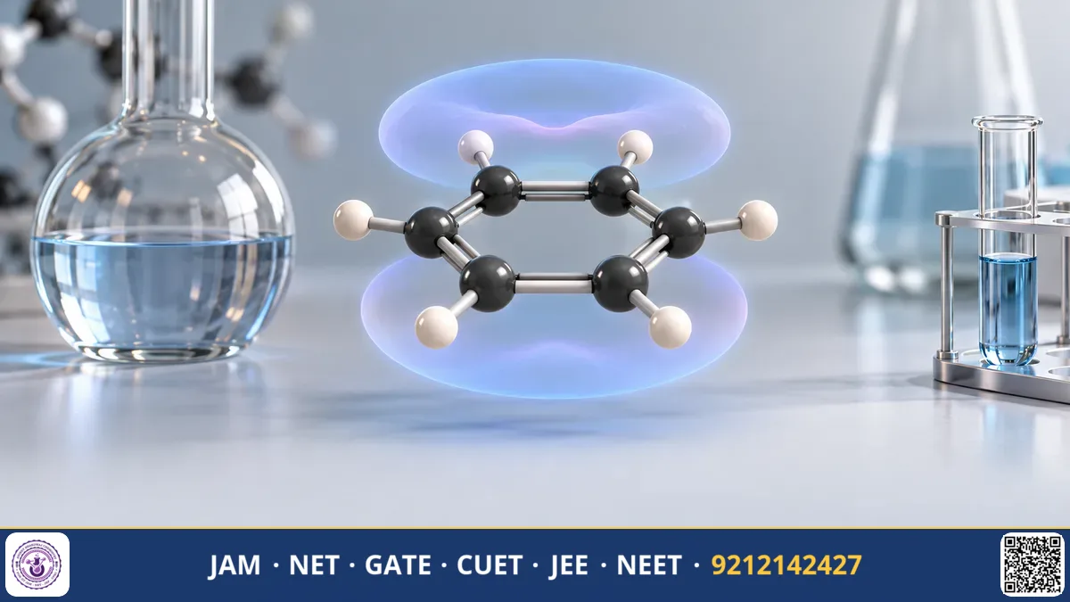 Benzene ring with delocalized pi-electron cloud and molecular orbital energy level diagrams