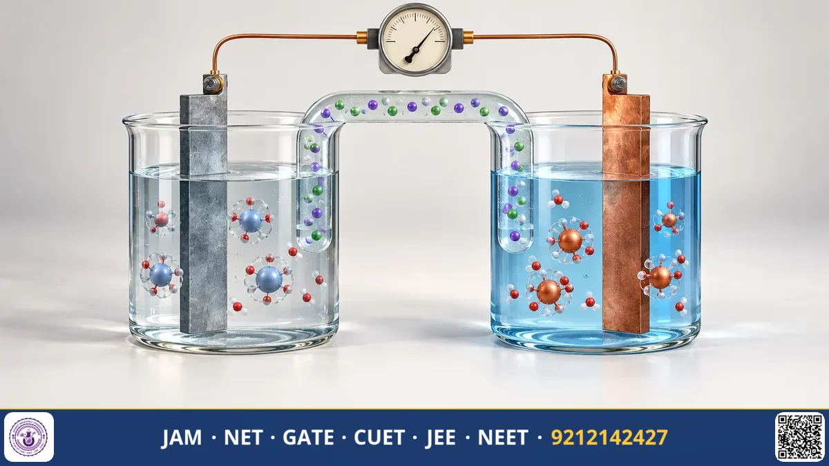 Galvanic cell with zinc and copper electrodes in beakers connected by a salt bridge and voltmeter