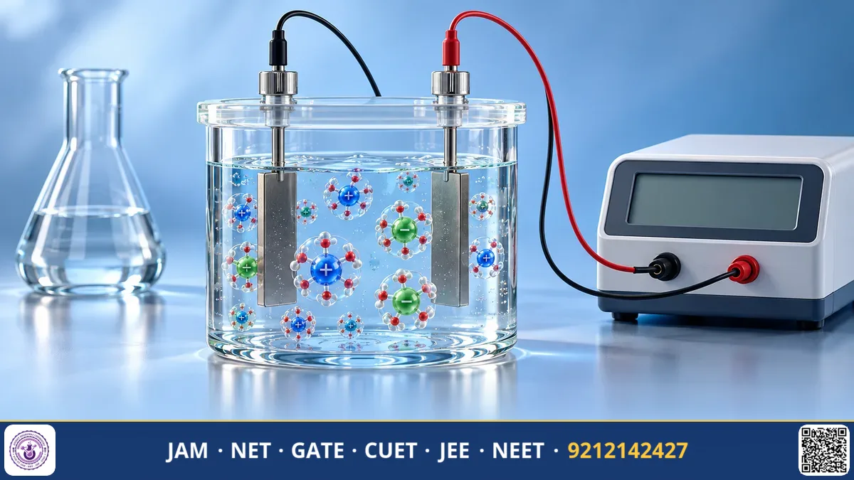 Electrolytic cell with immersed electrodes, ionic solution, and molar conductivity graph