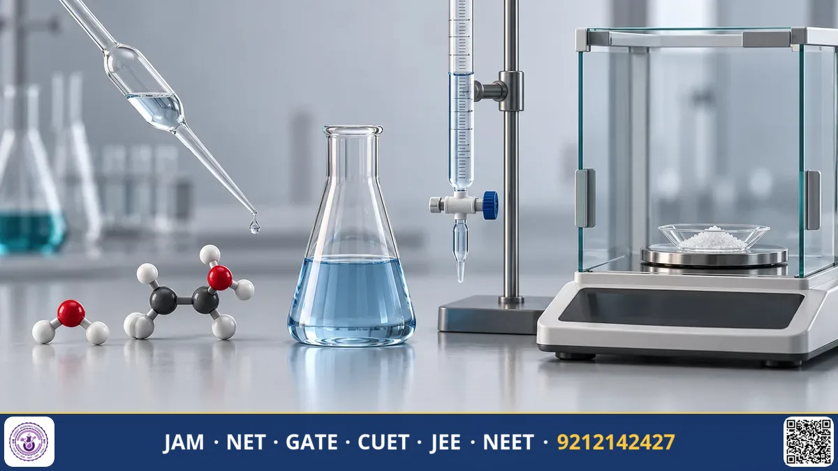 Analytical balance display with digital digits, a glass burette, and a normal distribution bell curve