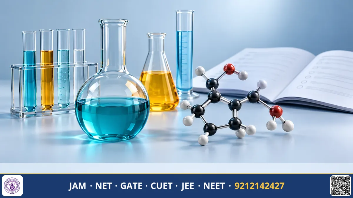 Chemistry entrance exam question paper with marked optical bubble sheet, timer clock, and pen