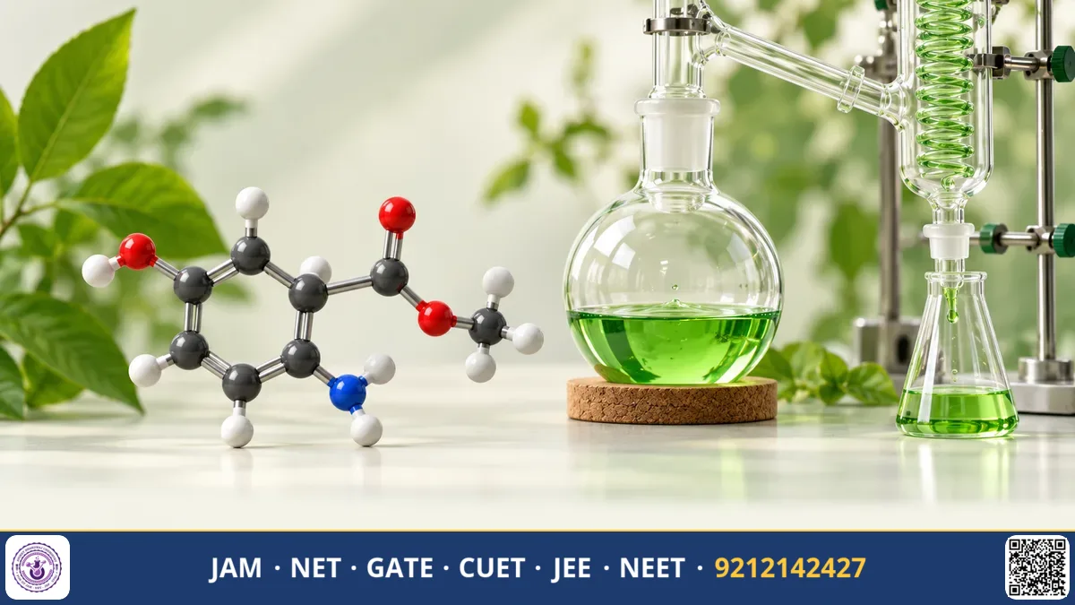 Green leaf motif overlaid with chemical flask, hazard-free reaction scheme and atom economy equation