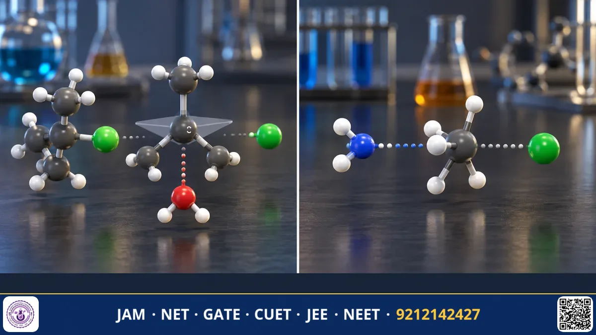 Backside attack nucleophilic substitution diagram alongside planar carbocation intermediate model