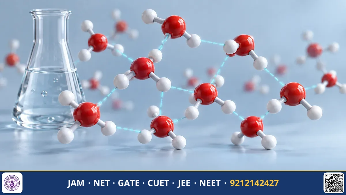 Water molecules forming dashed hydrogen bonds in an ice crystal lattice structure