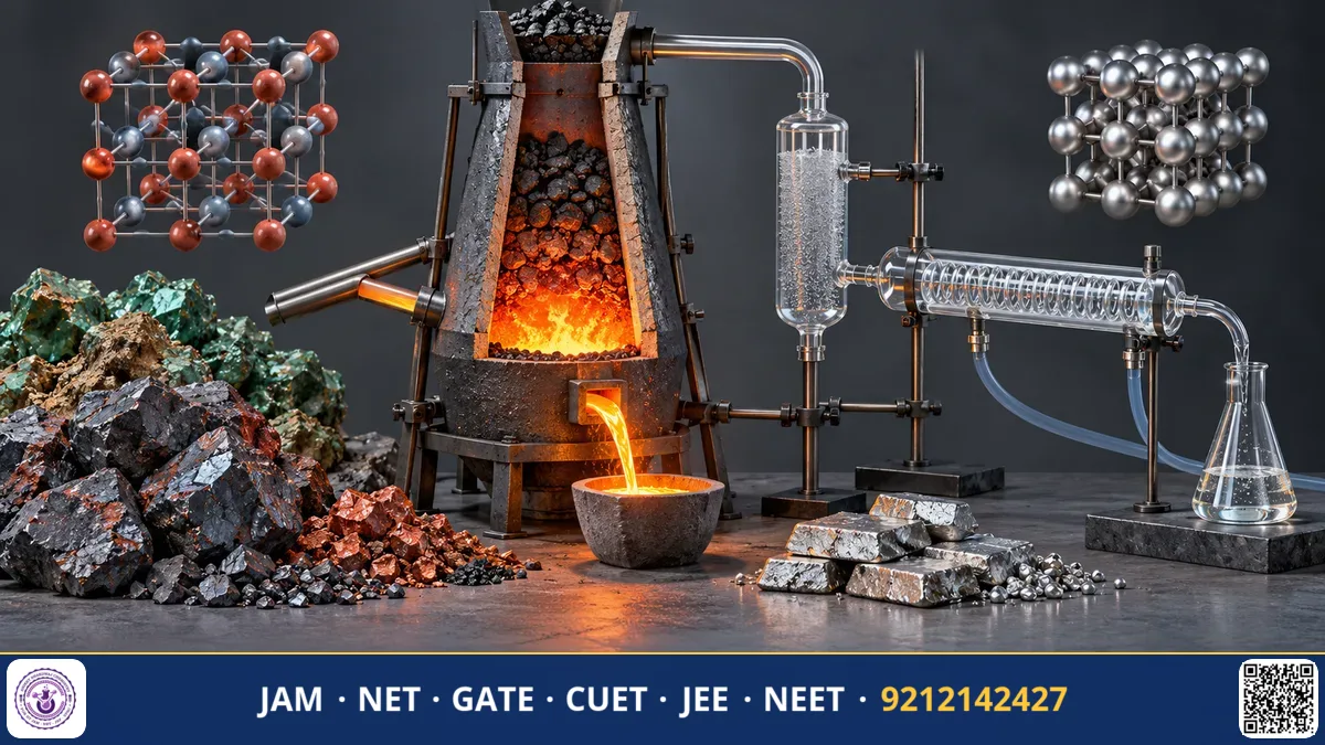 Blast furnace diagram, Ellingham free energy graph, mineral ore samples, and molten metal tapping process