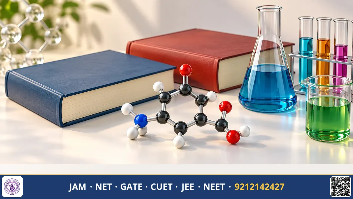 Stack of chemistry textbooks and handwritten formula notebooks arranged on a wooden desk