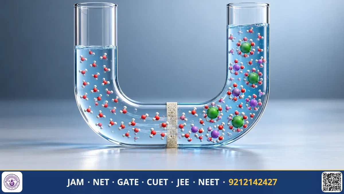 U-tube osmometer with semipermeable membrane separating solvent and solution showing unequal liquid levels