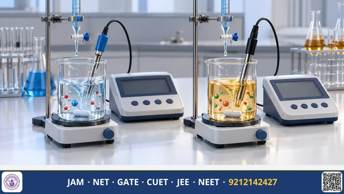 Burette titrating into a beaker fitted with pH probe and conductivity electrodes beside a titration curve