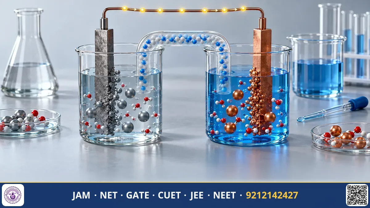 Beaker with zinc strip in copper sulfate solution beside electron transfer equation and oxidation states