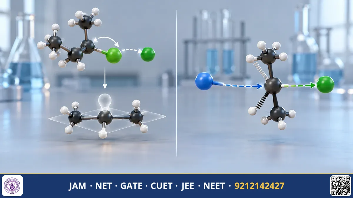 Planar carbocation intermediate alongside backside attack transition state model with umbrella inversion