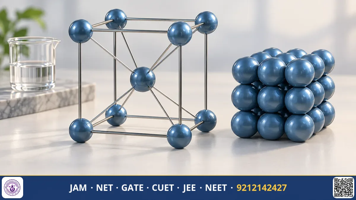 Crystalline face-centered cubic unit cell model highlighting lattice points and sphere packing spaces