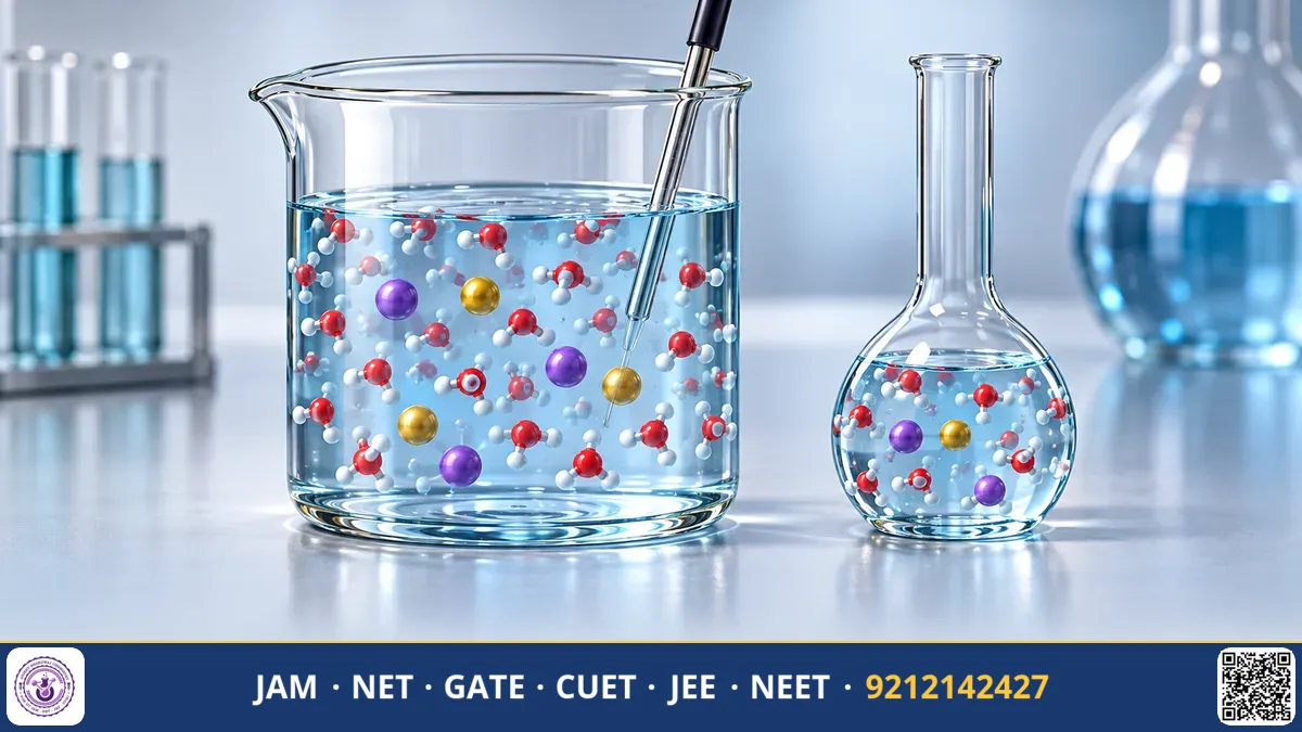 Laboratory beaker with solvent molecules, thermometer, and boiling point elevation phase diagram