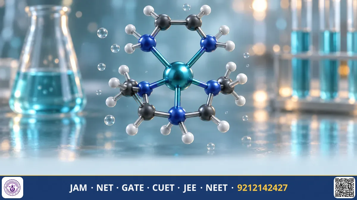 Metal cation coordinated by polydentate chelating ligands forming stable ring complexes beside energy diagram