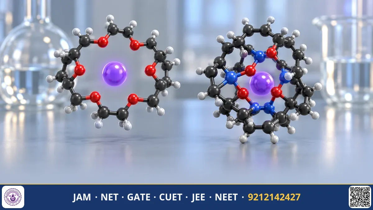 Ring-shaped crown ether molecule trapping a glowing metal ion in its central cavity