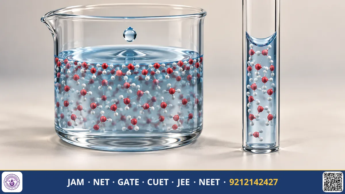 Liquid rising in a narrow glass capillary tube beside water droplets beading on a smooth leaf