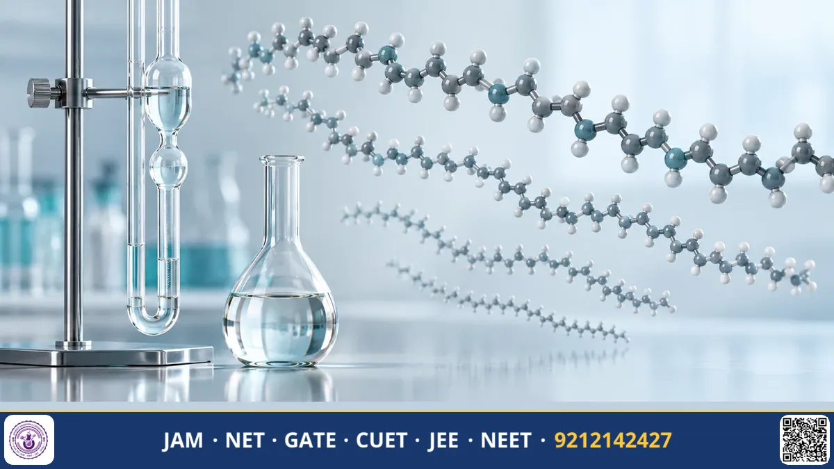 Entangled polymer chain network beside a molecular weight distribution curve and an osmometer.