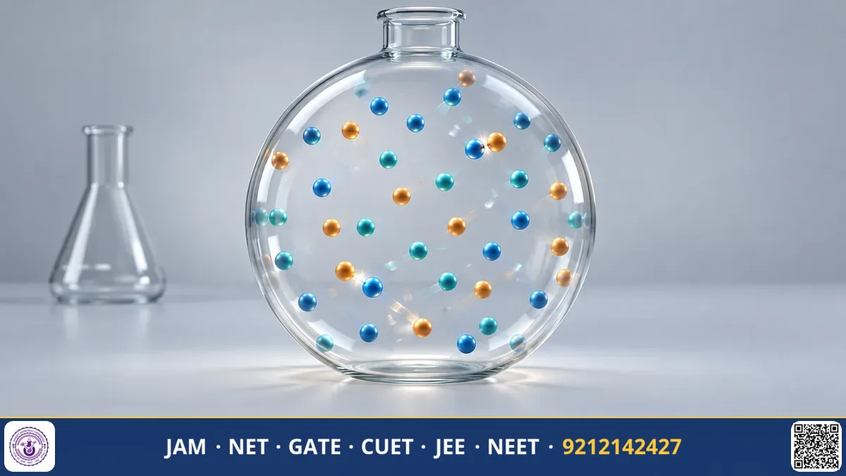 Molecules bouncing inside a closed glass container with motion vectors and heat gauge