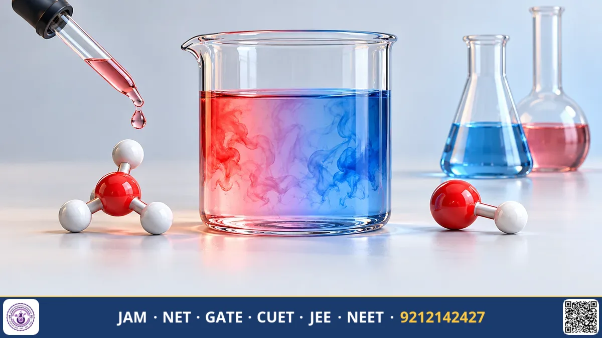 pH test strips with color gradient, buret setup for titration, and hydronium ion molecular diagrams