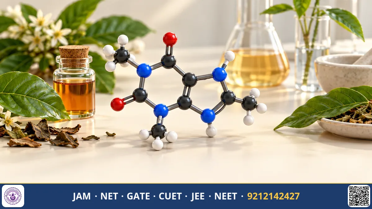 Molecular diagrams of plant alkaloids, penicillin structure, and medicinal herbs on a laboratory desk