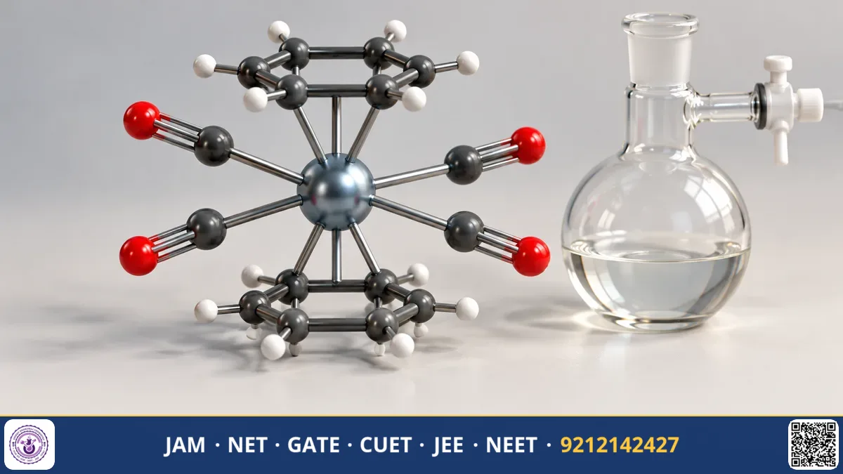 Sandwich compound ferrocene molecule with iron atom bonded between cyclopentadienyl rings