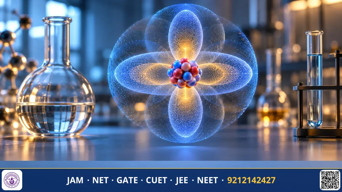 Bohr model with orbiting electrons around a nucleus alongside electron density probability clouds
