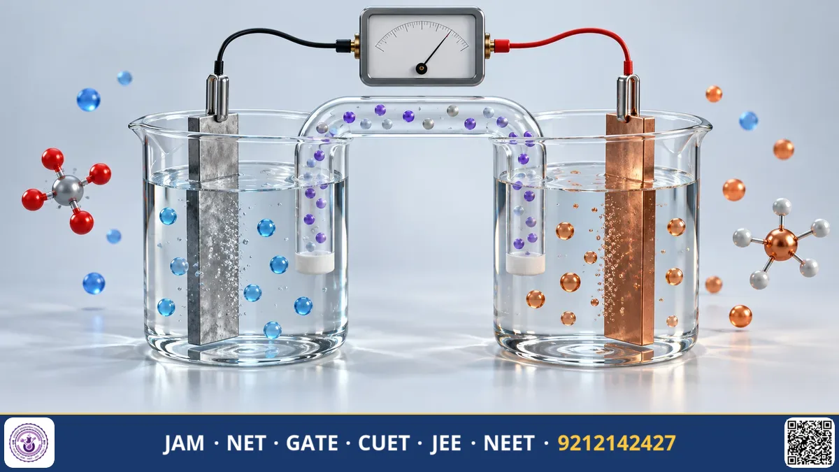 Electrochemical galvanic cell with copper and zinc electrodes dipped in beaker solutions