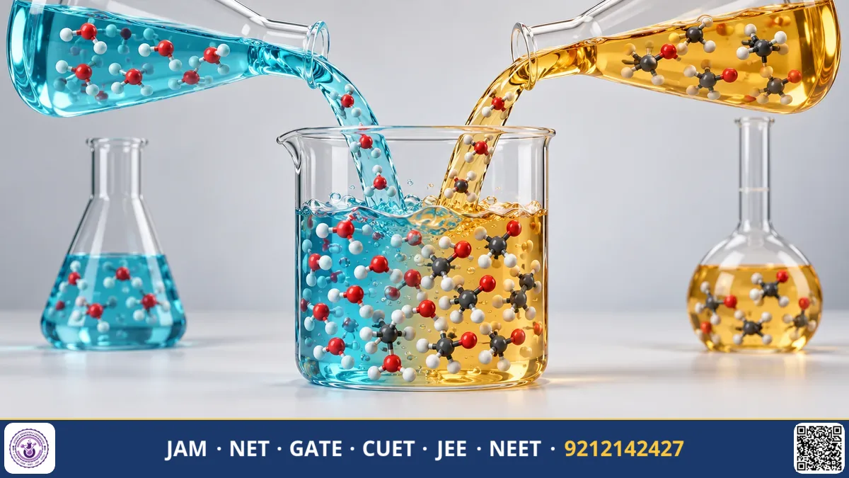 Two glass flasks pouring different concentration liquids into a central beaker matrix